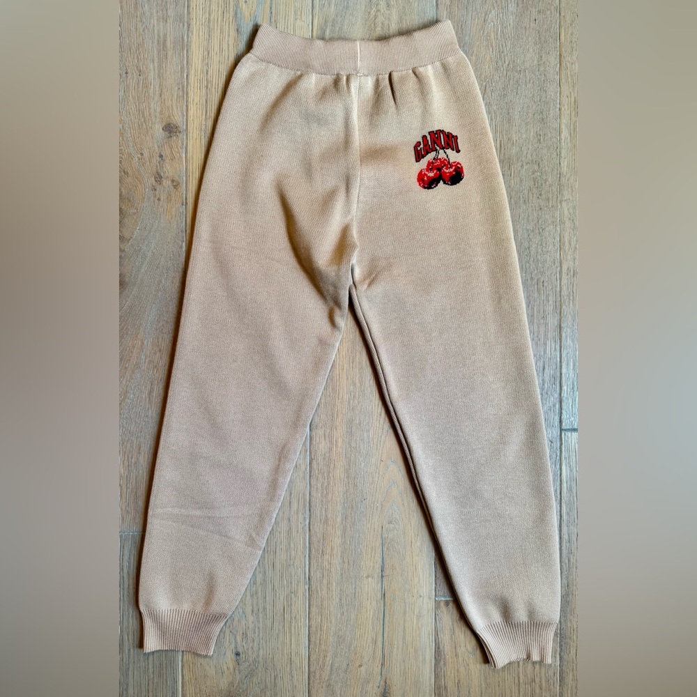 GANNI Women’s Graphic Cherry Tight Knit  Joggers Pants Tan/Camel RARE Sz S
